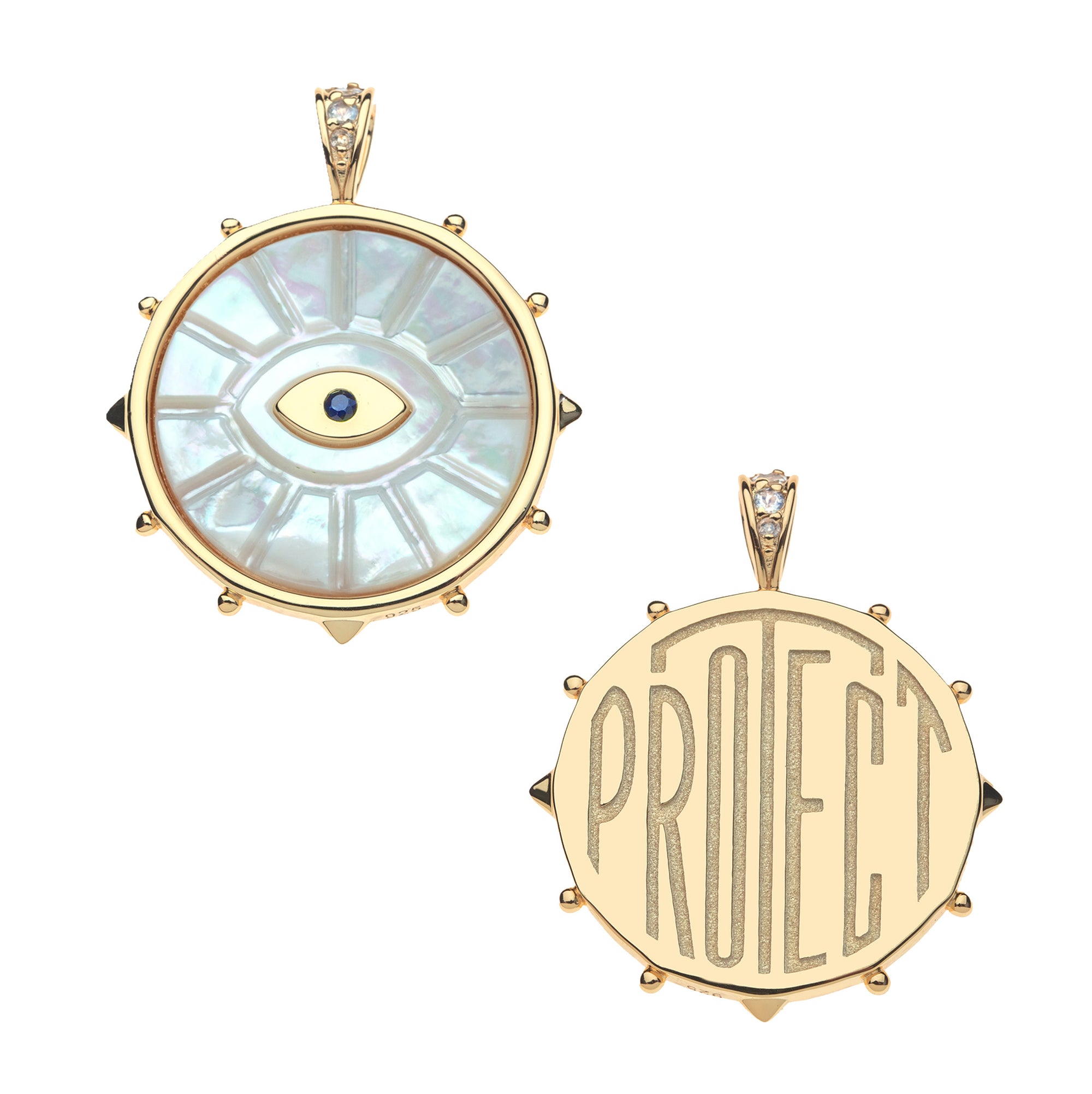 Front of protect eye of stone features mother of pearl evil eye and gold back features the word PROTECT