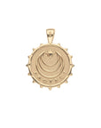 Back of gold coin pendant features moon and star logo and the word PROTECT