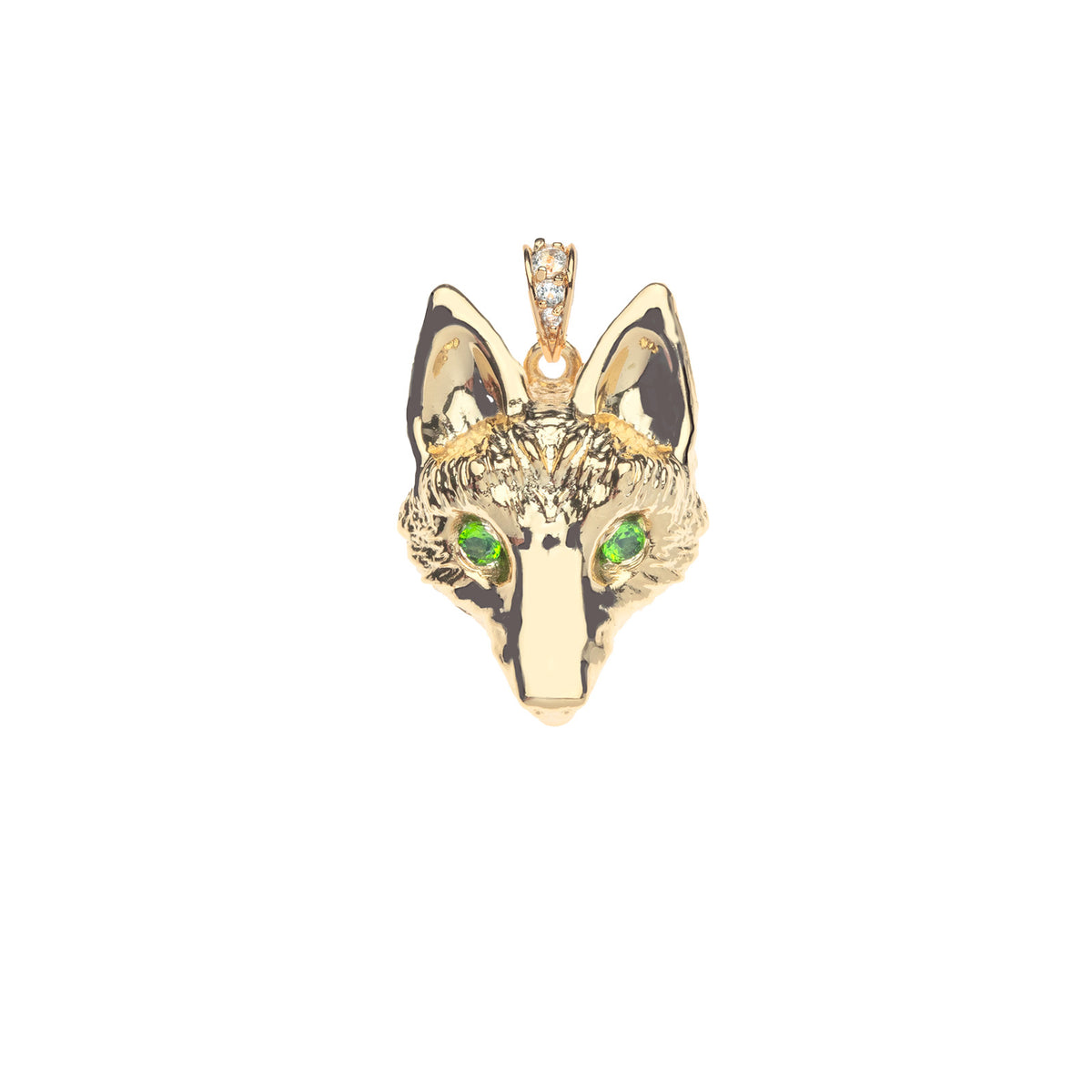 Gold fox head pendant with green diopside eyes and white topaz accents on the bail