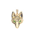 Gold fox head pendant with green diopside eyes and white topaz accents on the bail