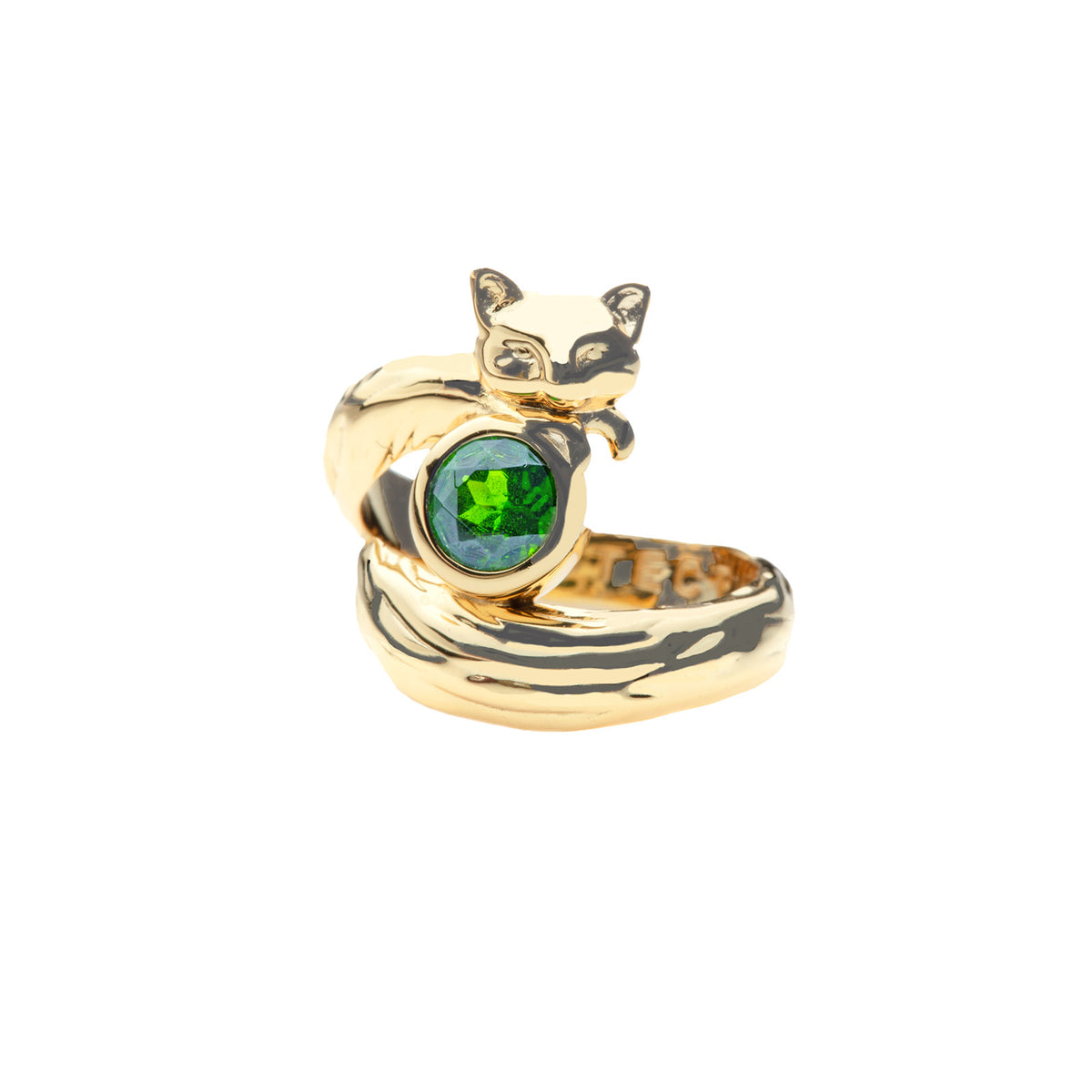 Gold ring of a fox curled around a green diopside stone