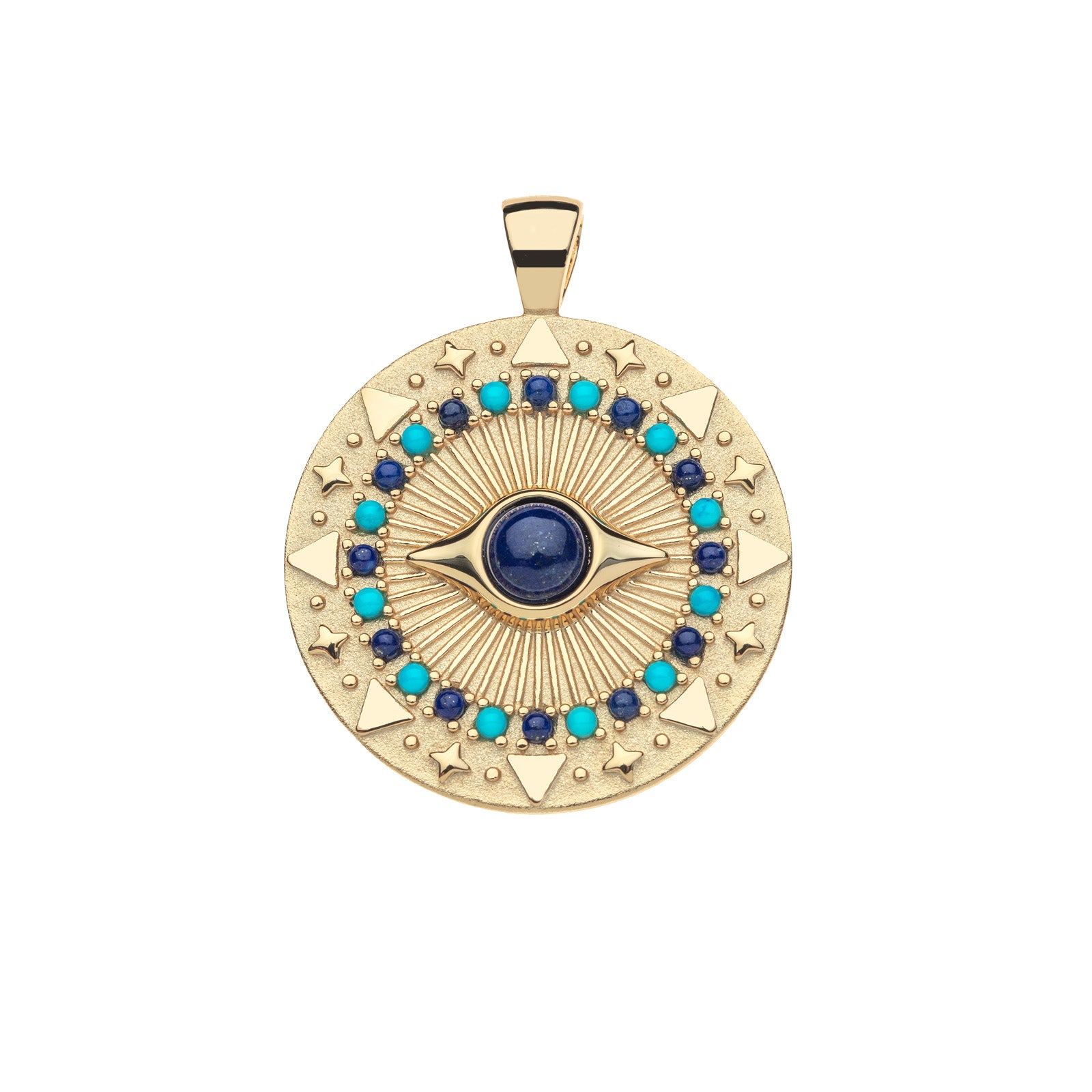 Gold coin pendant features evil eye motif with lapis stone at the center and border of lapis and turquoise cabochons