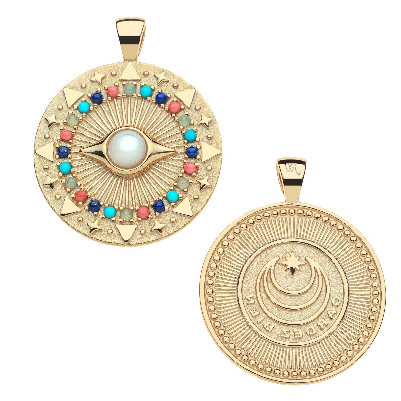 Front and back of protect gleaming eye pendant. Back of pendant features moon and star logo and the word PROTECT