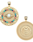 Front and back of protect gleaming eye pendant. Back of pendant features moon and star logo and the word PROTECT