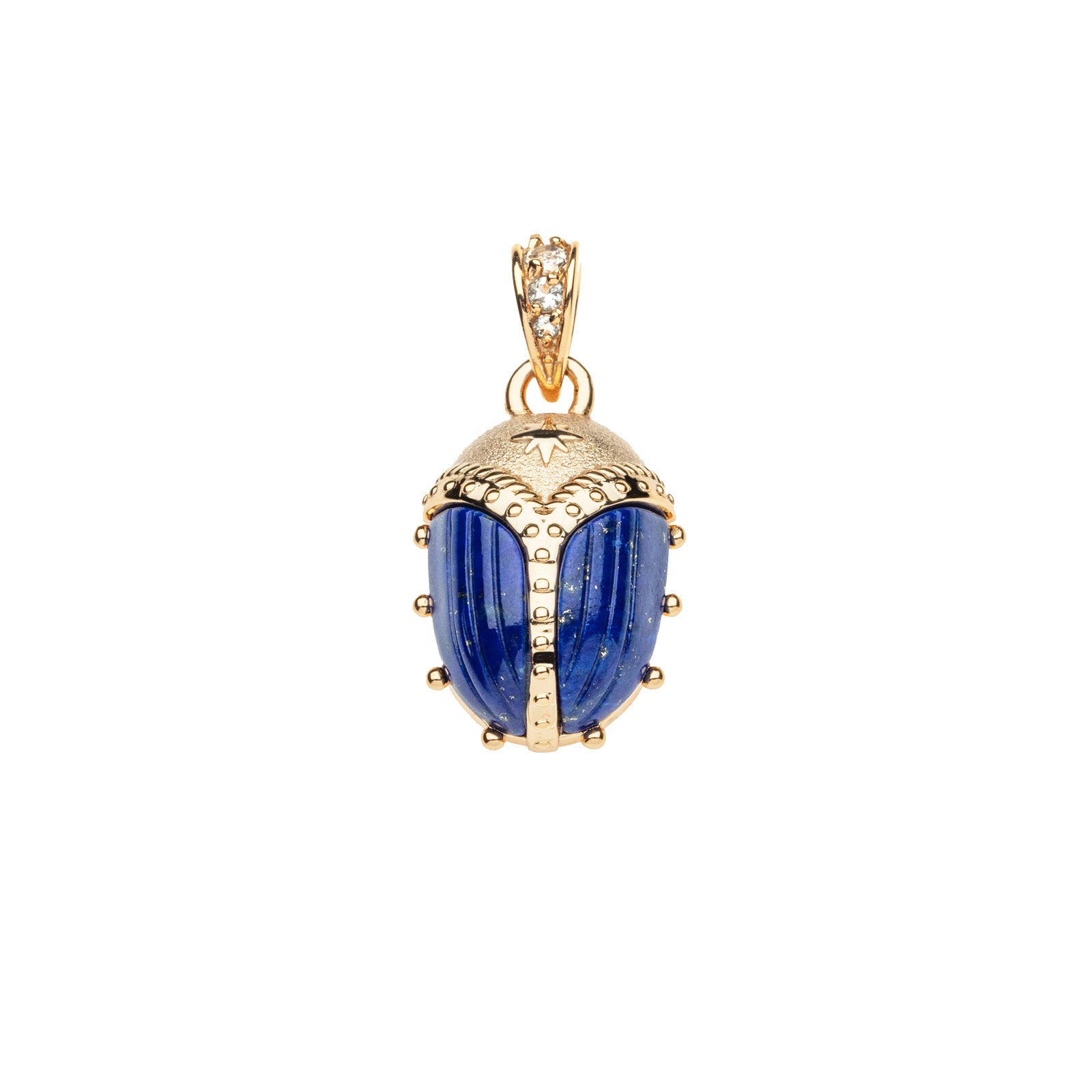 Gold scarab pendant with carved lapis accents and white topaz stones on the bail