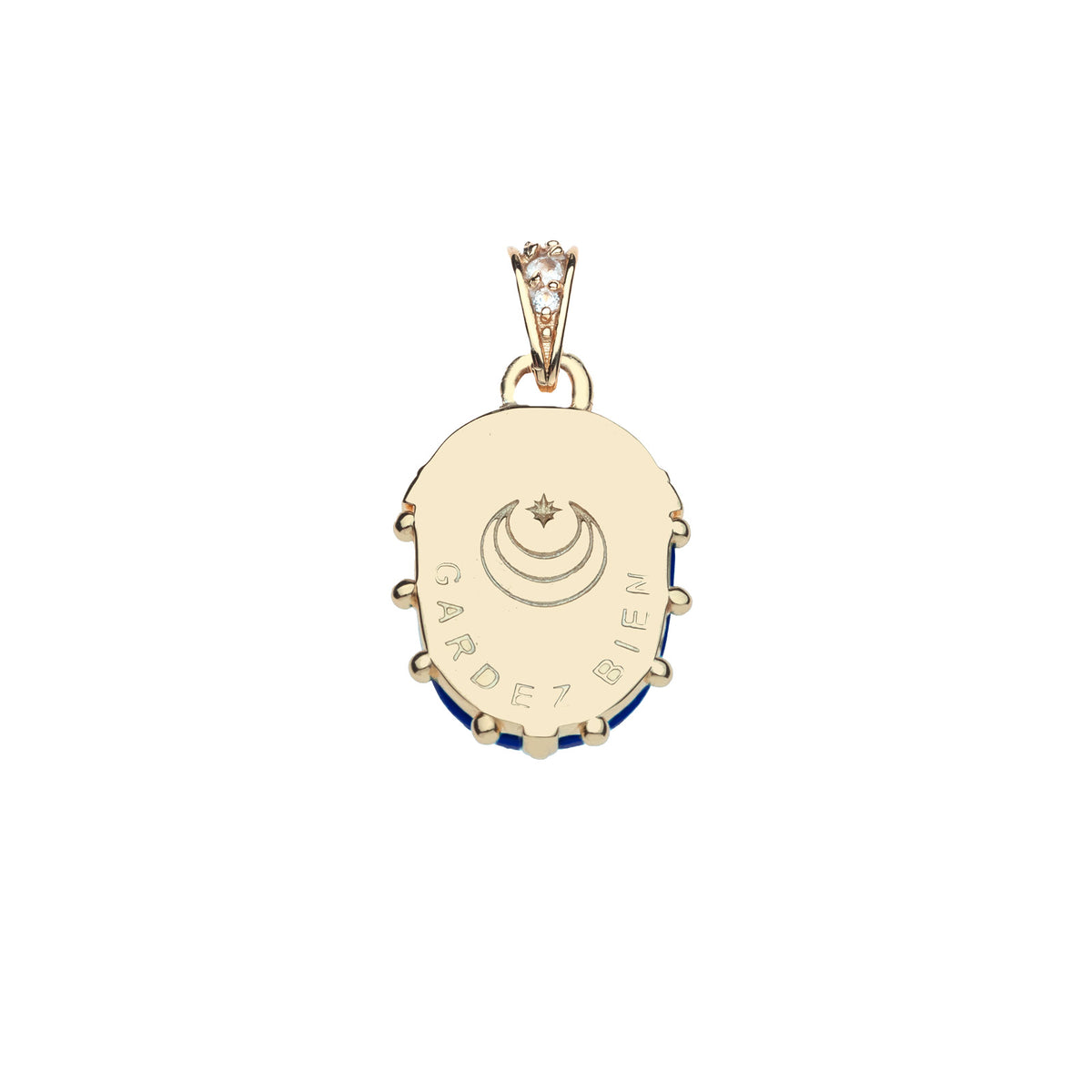 Back of gold scarab pendant features the Jane Win moon and star logo and the words GARDEZ BIEN