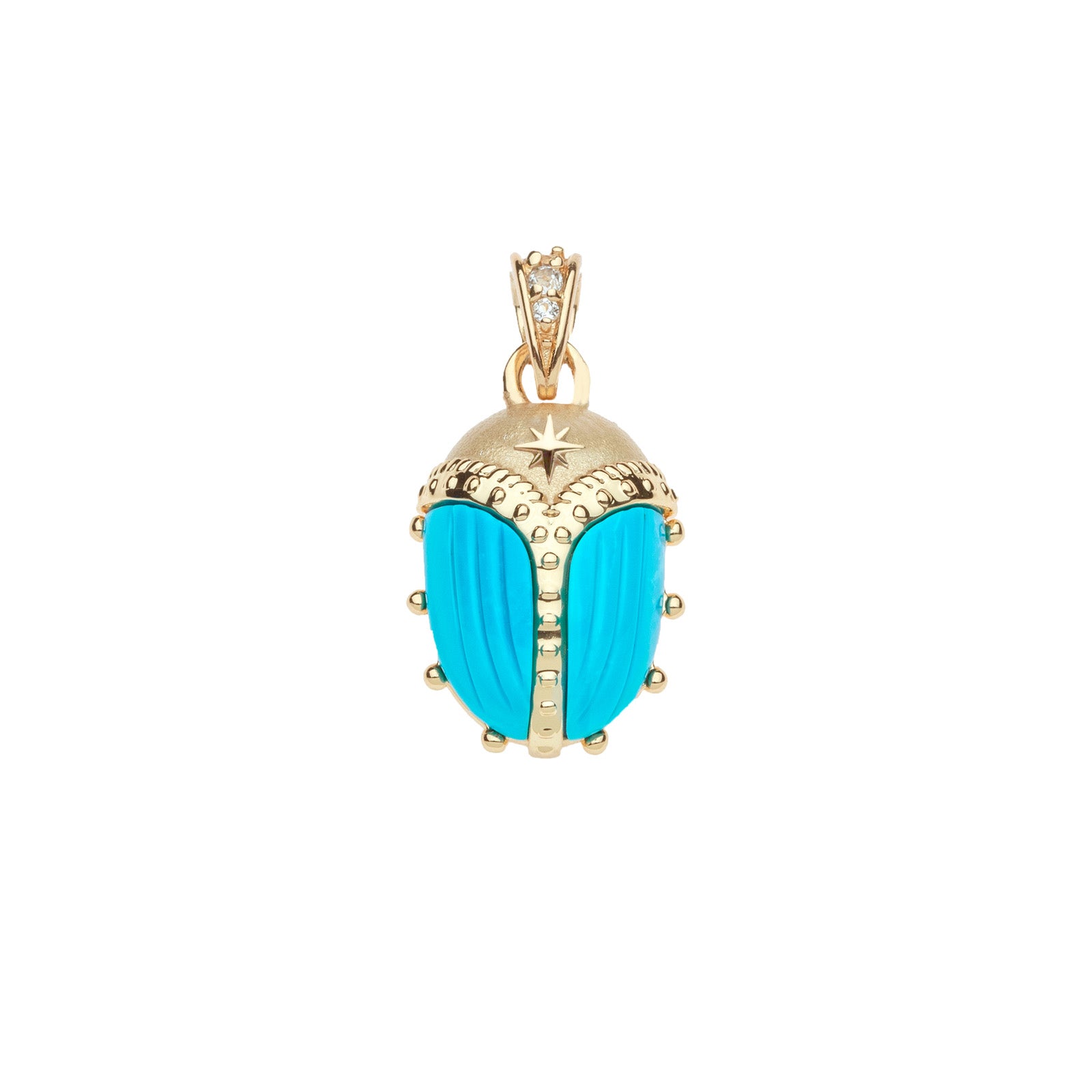 Gold scarab beetle pendant with carved turquoise body pendant features textured details including star and dots, as well as white topaz stones on the bail