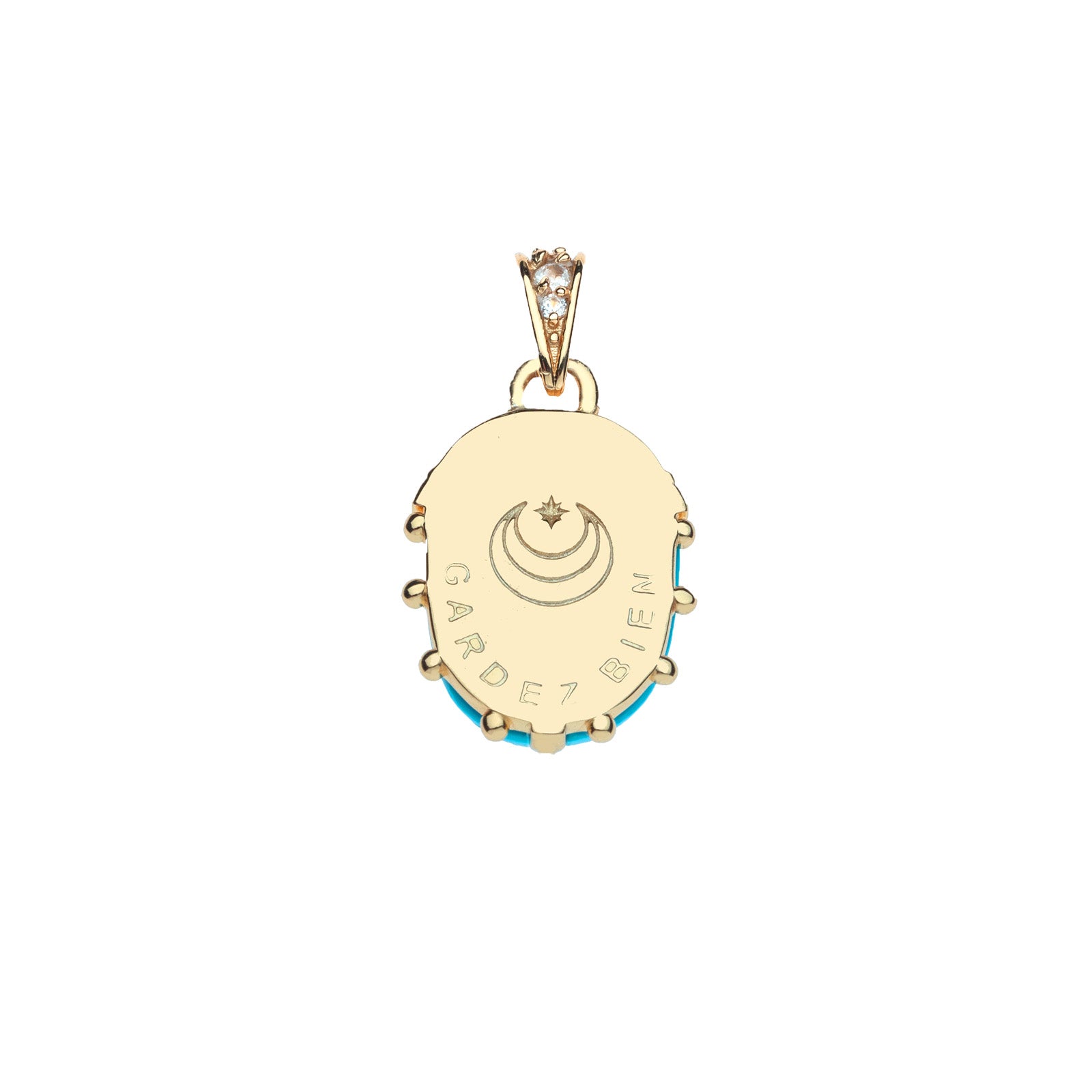 Back of gold scarab pendant features Jane Win moon and star logo and well as the phrase GARDEZ BIEN