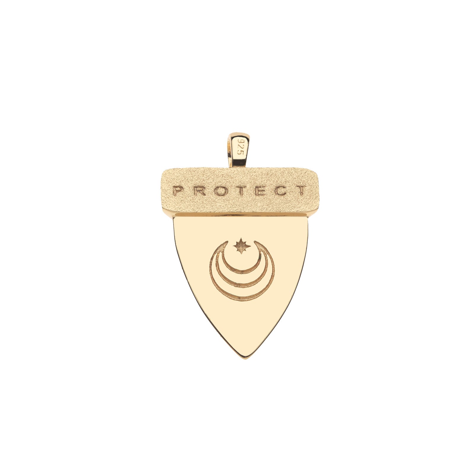 Back of gold shark tooth features moon and star logo and the word PROTECT