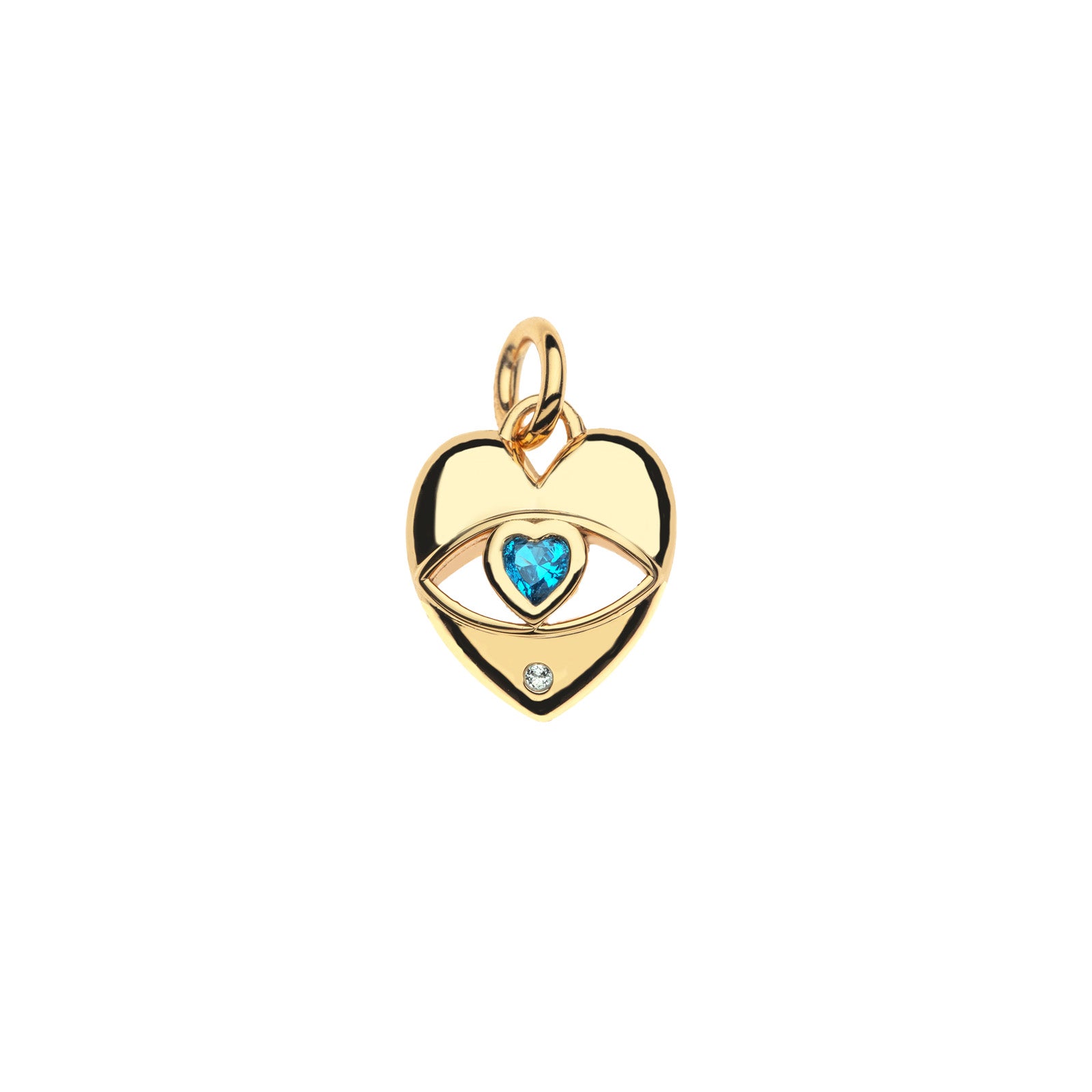 Gold heart pendant features cutout evil eye with London blue topaz heart in the center