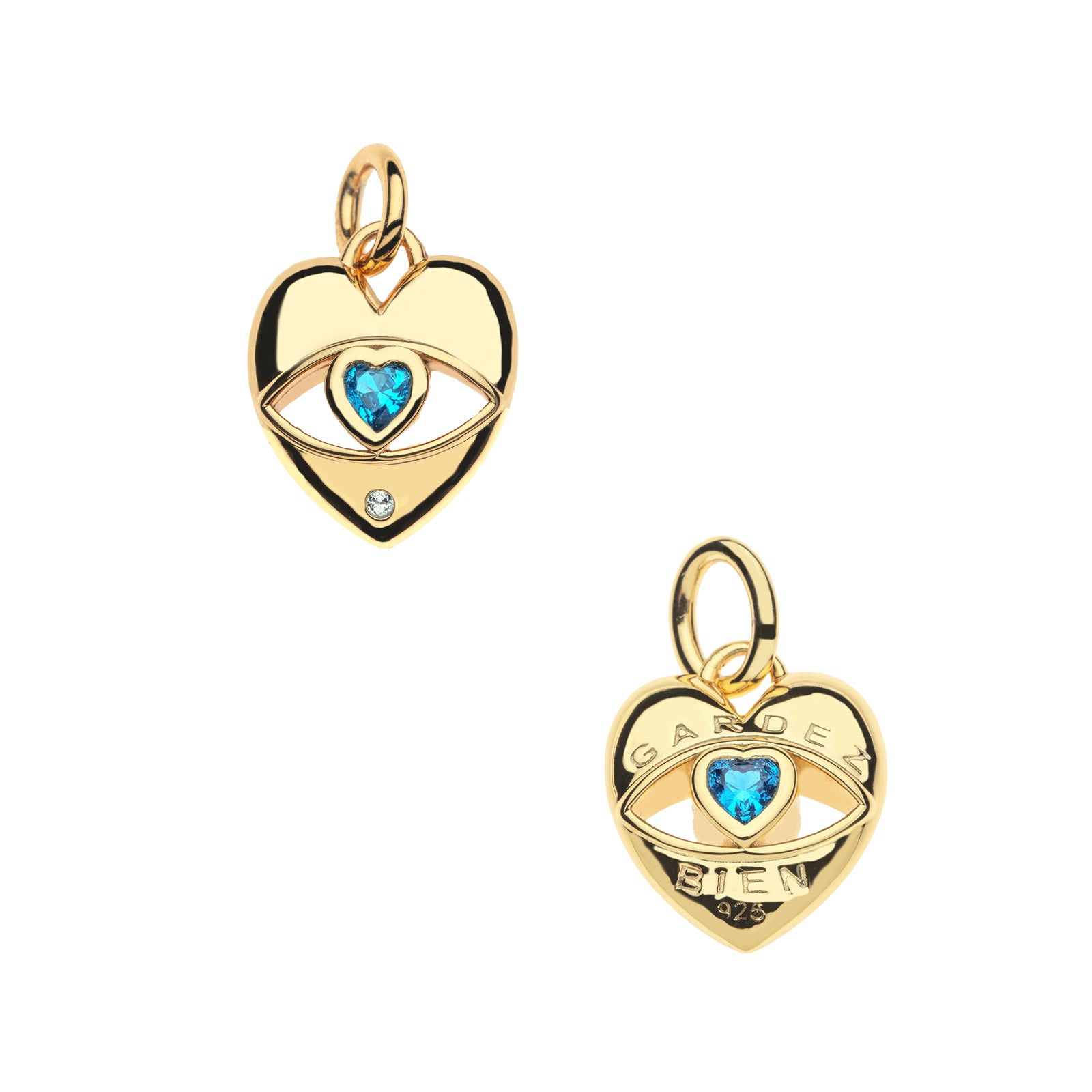 Front and back of protect hold my heart pendant. Back features the phrase GARDEZ BIEN