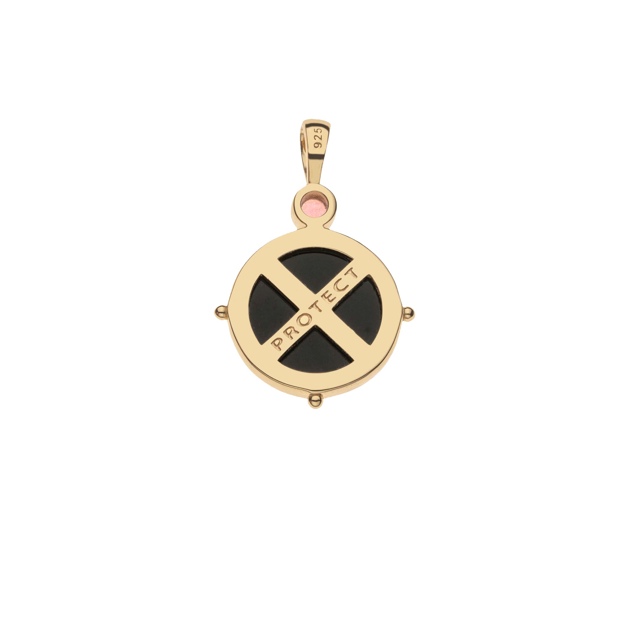 Back of onyx fox pendant shows gold setting and features the word PROTECT