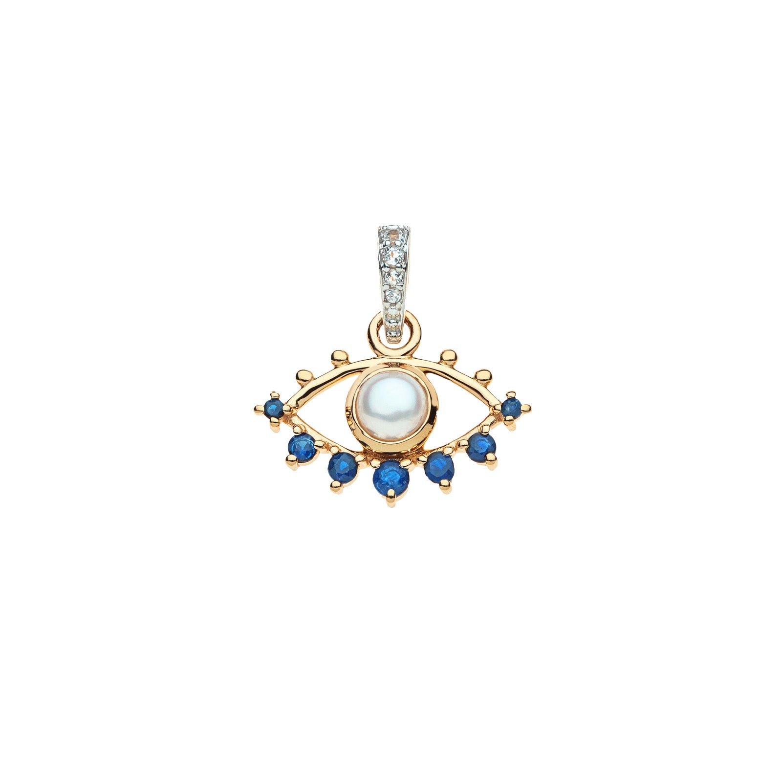 Gold cutout evil eye pendant features mother of pearl cabochon in the center and blue sapphire accents along the edge. Feature white topaz stones on the bail