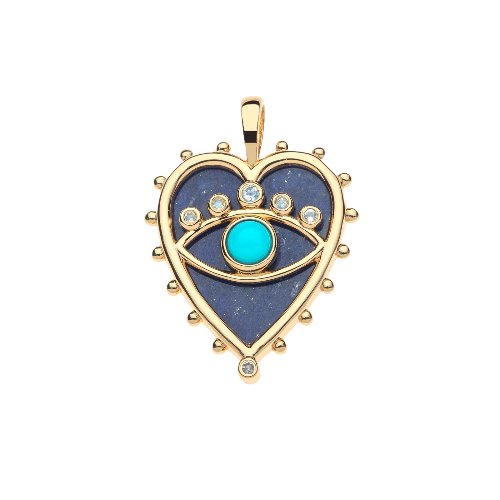 Gold heart pendant with lapis stone inlay. Features gold evil eye with turquoise center and rainbow moonstones along the top.