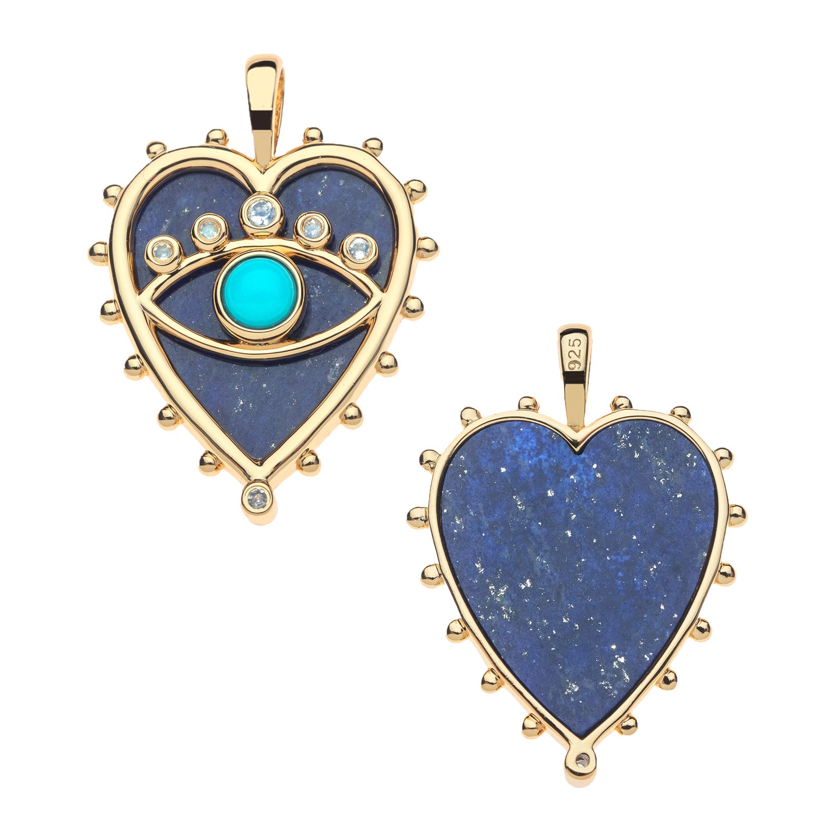 Front and back of protect queen of hearts pendant shows lapis stone inlay