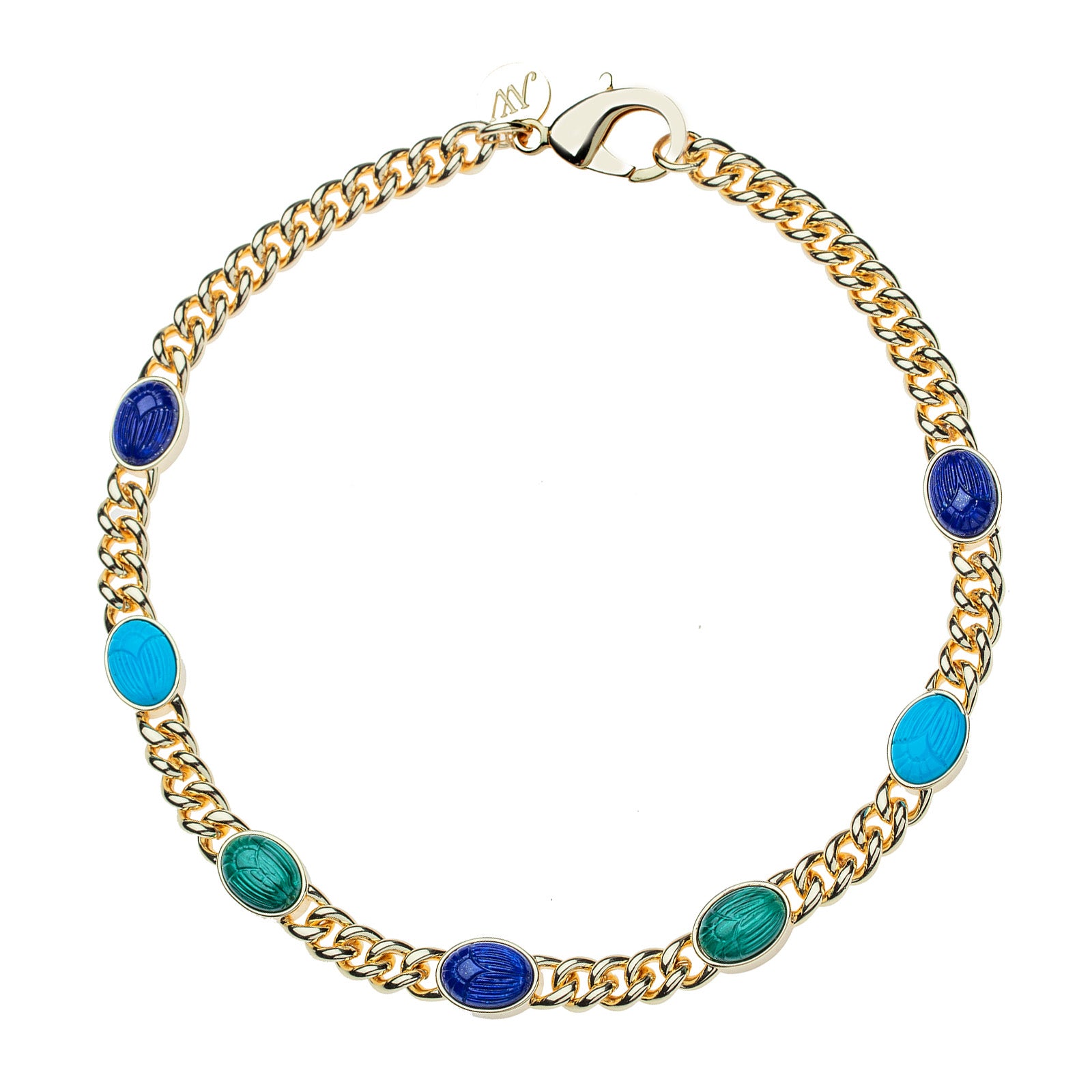 Gold curb chain featuring scarabs carved into lapis, turquoise, and malachite stones
