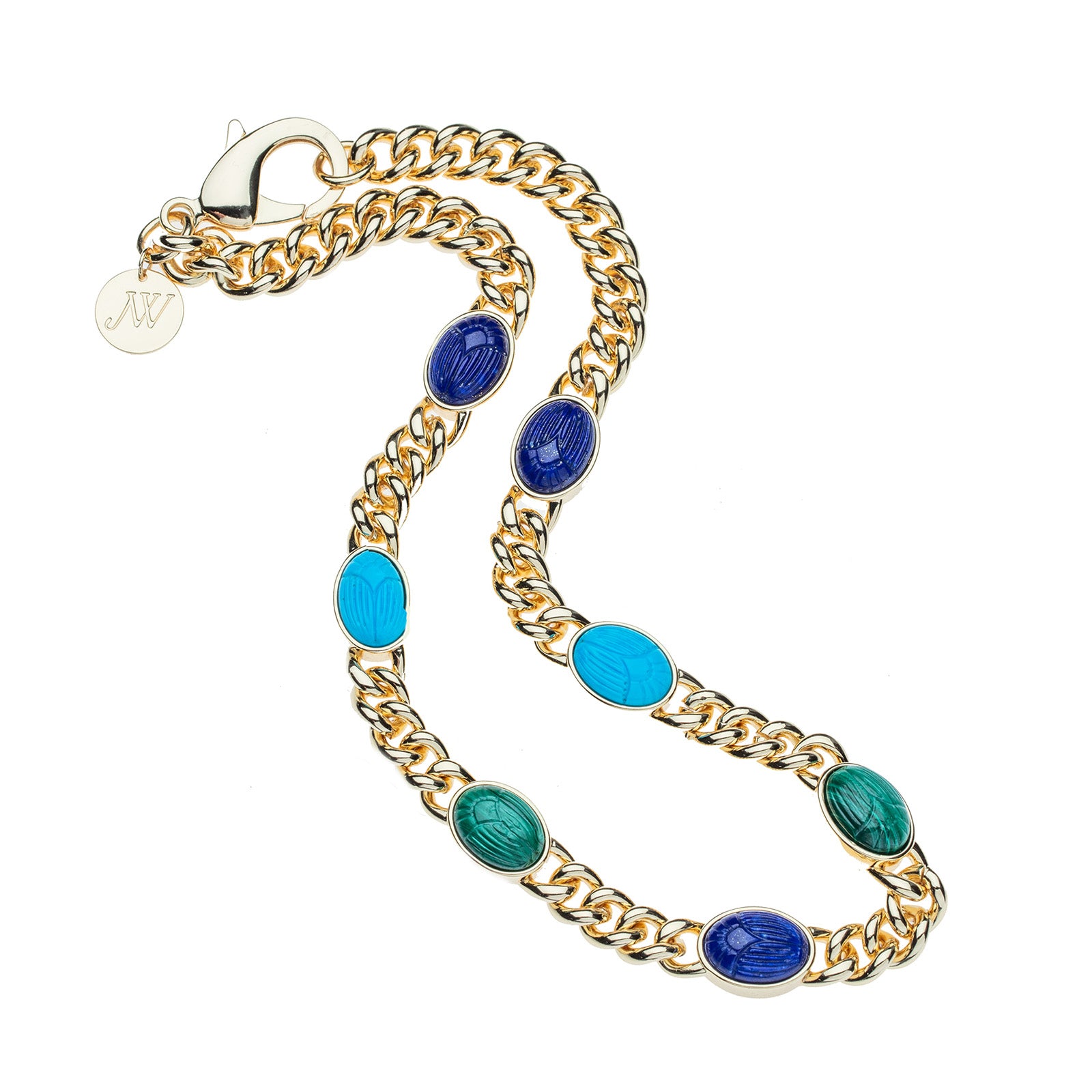 Gold curb chain with scarabs carved in lapis turquoise, and malachite