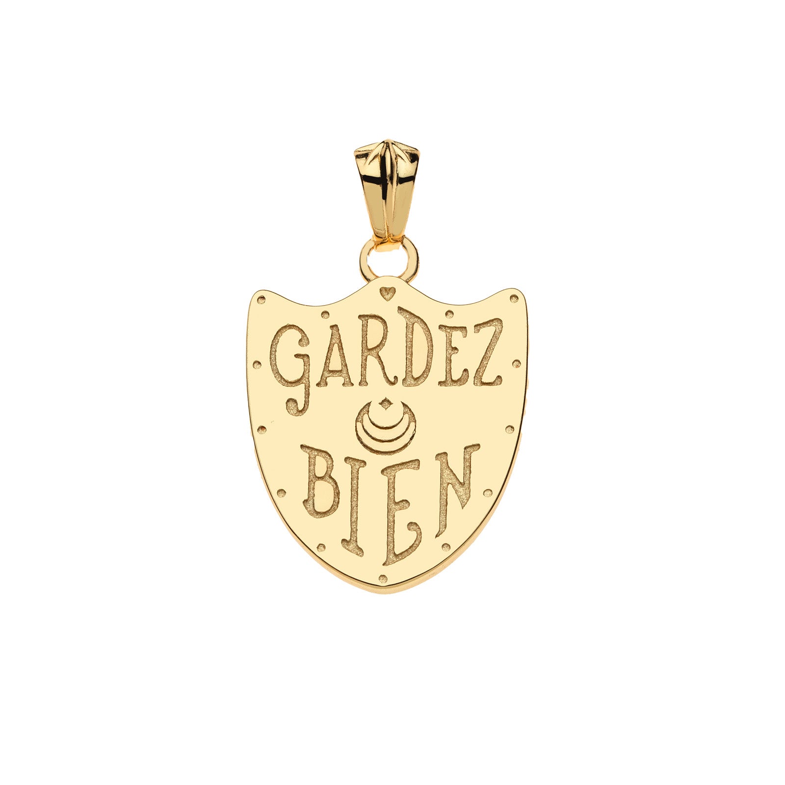 Back of the protect shield pendant features the phrase "GARDEZ BIEN"