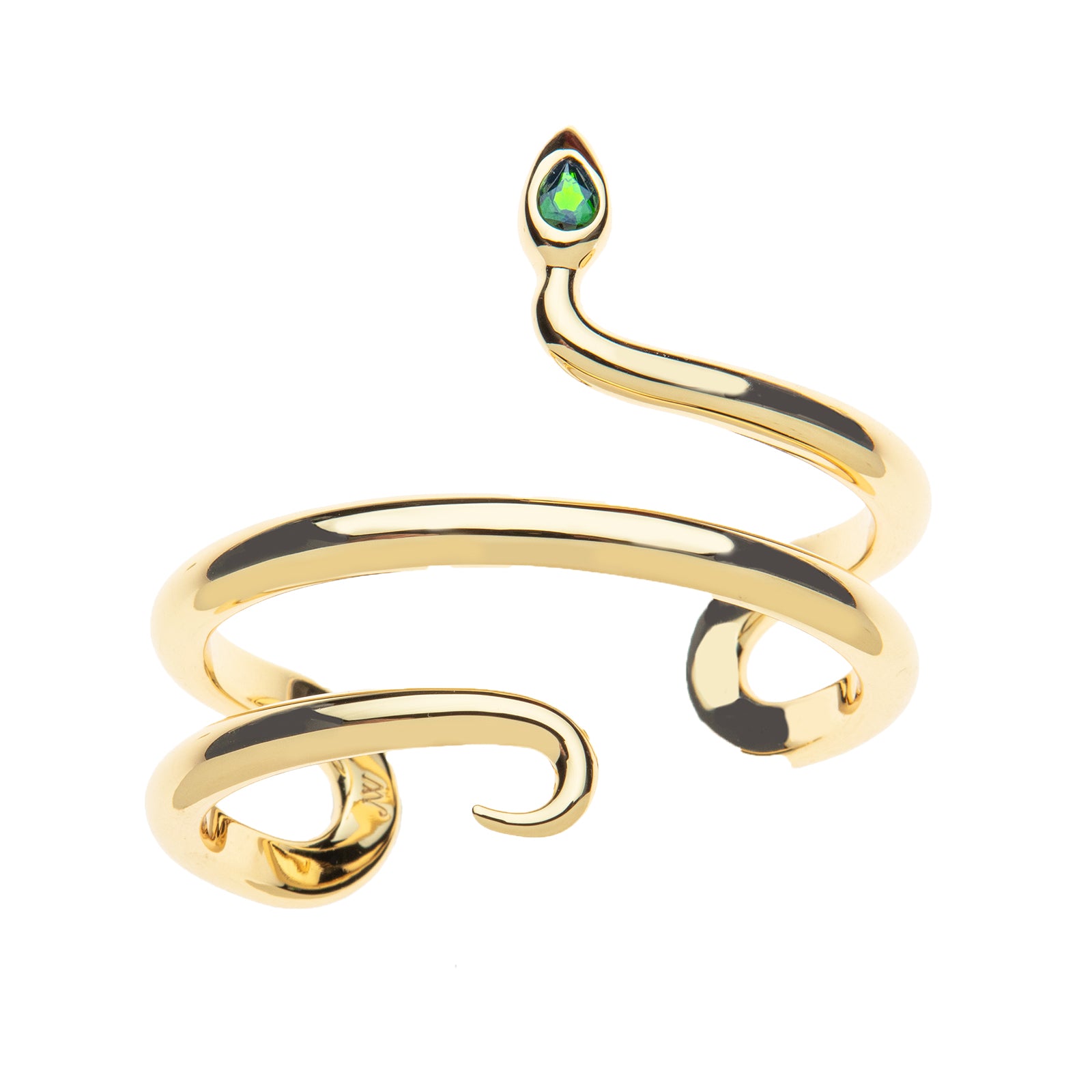 Gold cuff bracelet in the shape of a coiled snake with a green diopside stone in the head