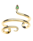 Gold cuff bracelet in the shape of a coiled snake with a green diopside stone in the head