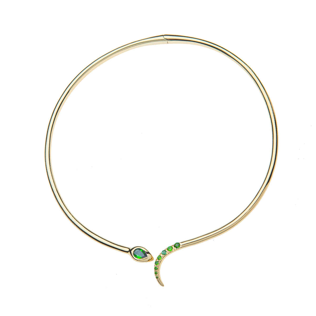 Gold neck with snake design featuring green diopside stones on the head and tail