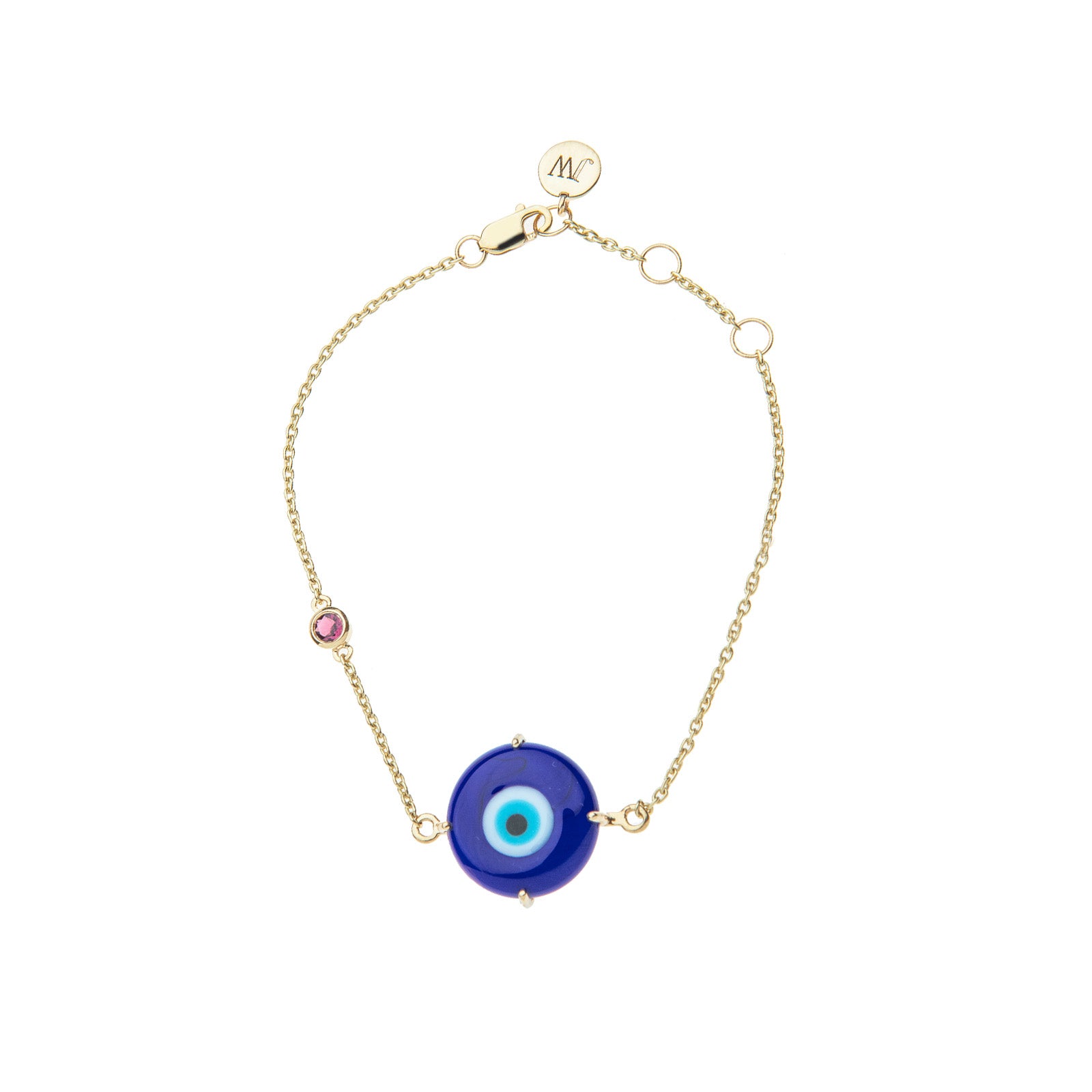 Dainty 10k gold chain bracelet featuring blue glass evil eye and pink tourmaline accent