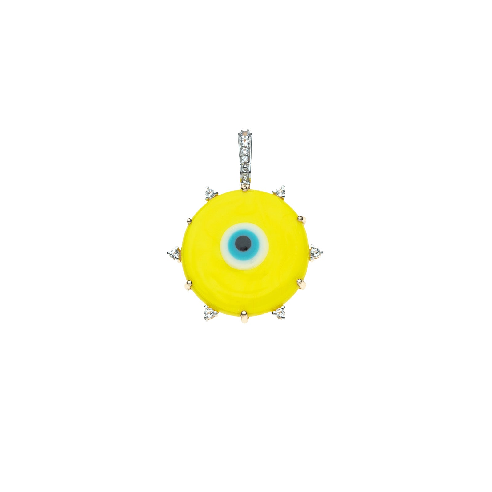 Yellow evil eye glass disk pendant in gold setting accented with white topaz stones