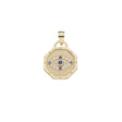 Gold octagonal pendant featuring eye design accented with blue topaz and white topaz stones