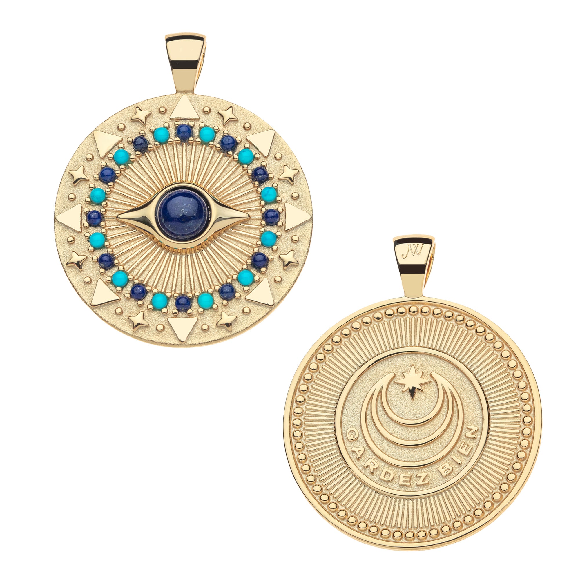 Front of protect gleaming eye pendant features turquoise and lapis details and back of coin pendant features the Jane Win moon and star logo and the phrase GARDEZ BIEN