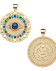 Front of protect gleaming eye pendant features turquoise and lapis details and back of coin pendant features the Jane Win moon and star logo and the phrase GARDEZ BIEN