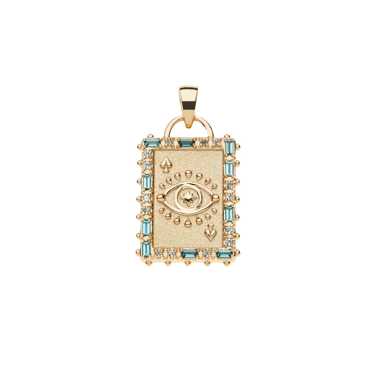 Gold spade playing card pendant features embellished edge with blue and white topaz and evil eye design in the center