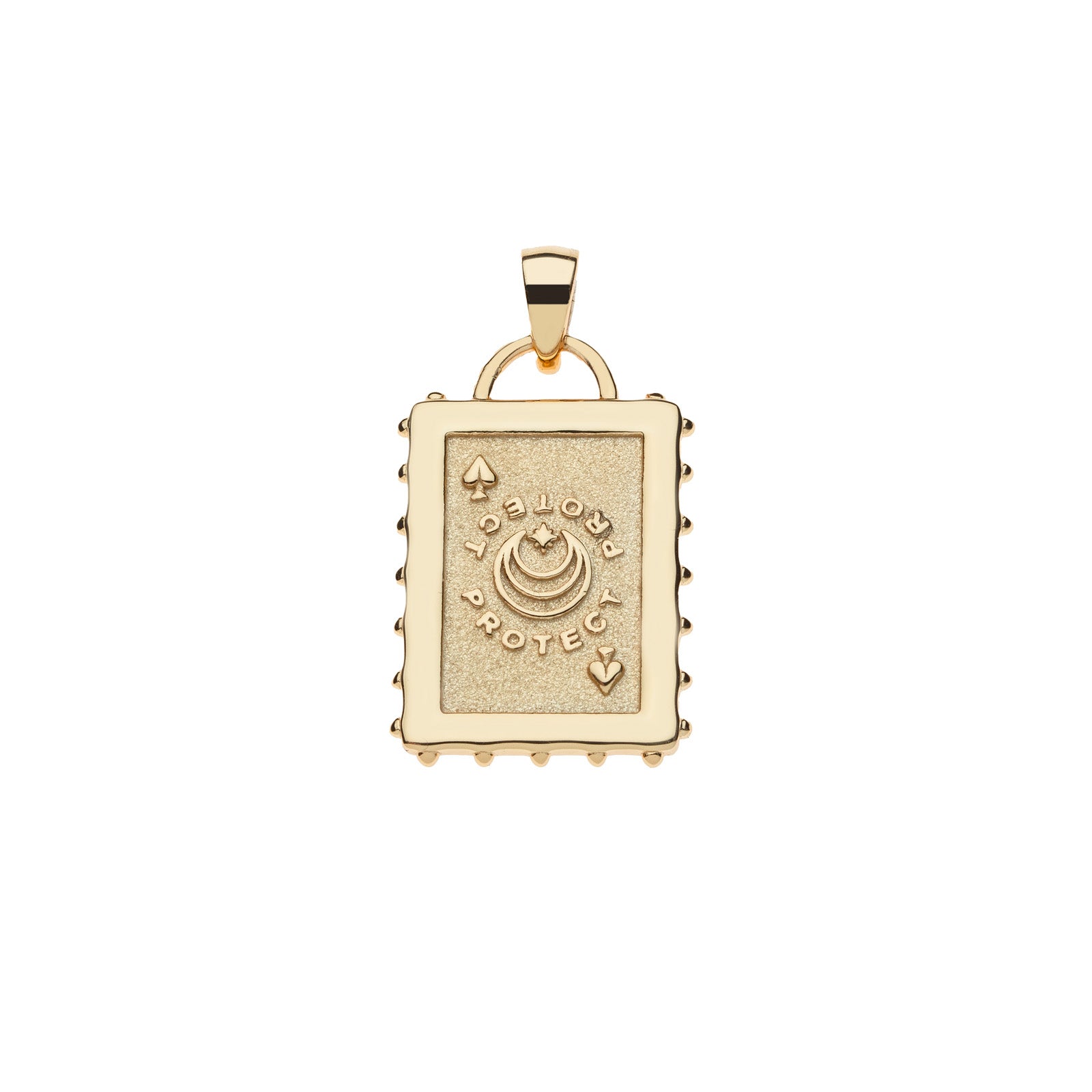 Back of playing card pendant features spade suit, moon and star logo and the word PROTECT