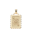 Back of playing card pendant features spade suit, moon and star logo and the word PROTECT