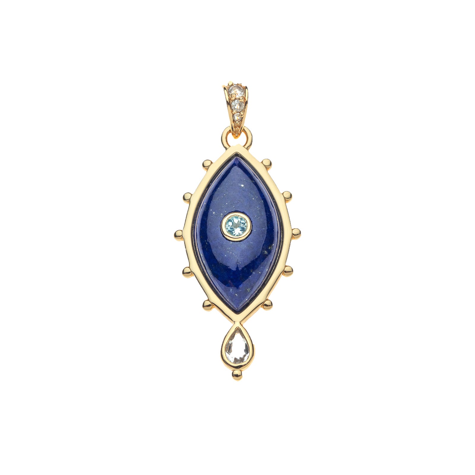 Gold and lapis evil eye pendant with white topaz accents on the bail, and sky blue topaz in the center