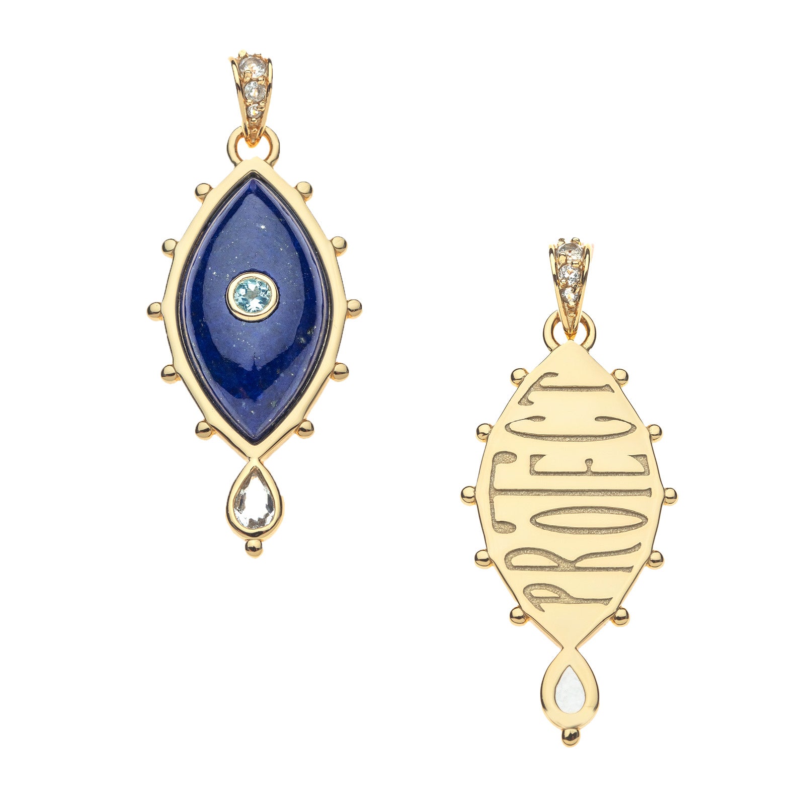 Front and back of the protect with my eye on you pendant. Back features the word PROTECT