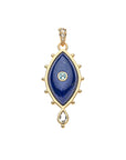 Gold and lapis evil eye pendant with white topaz accents on the bail, and sky blue topaz in the center