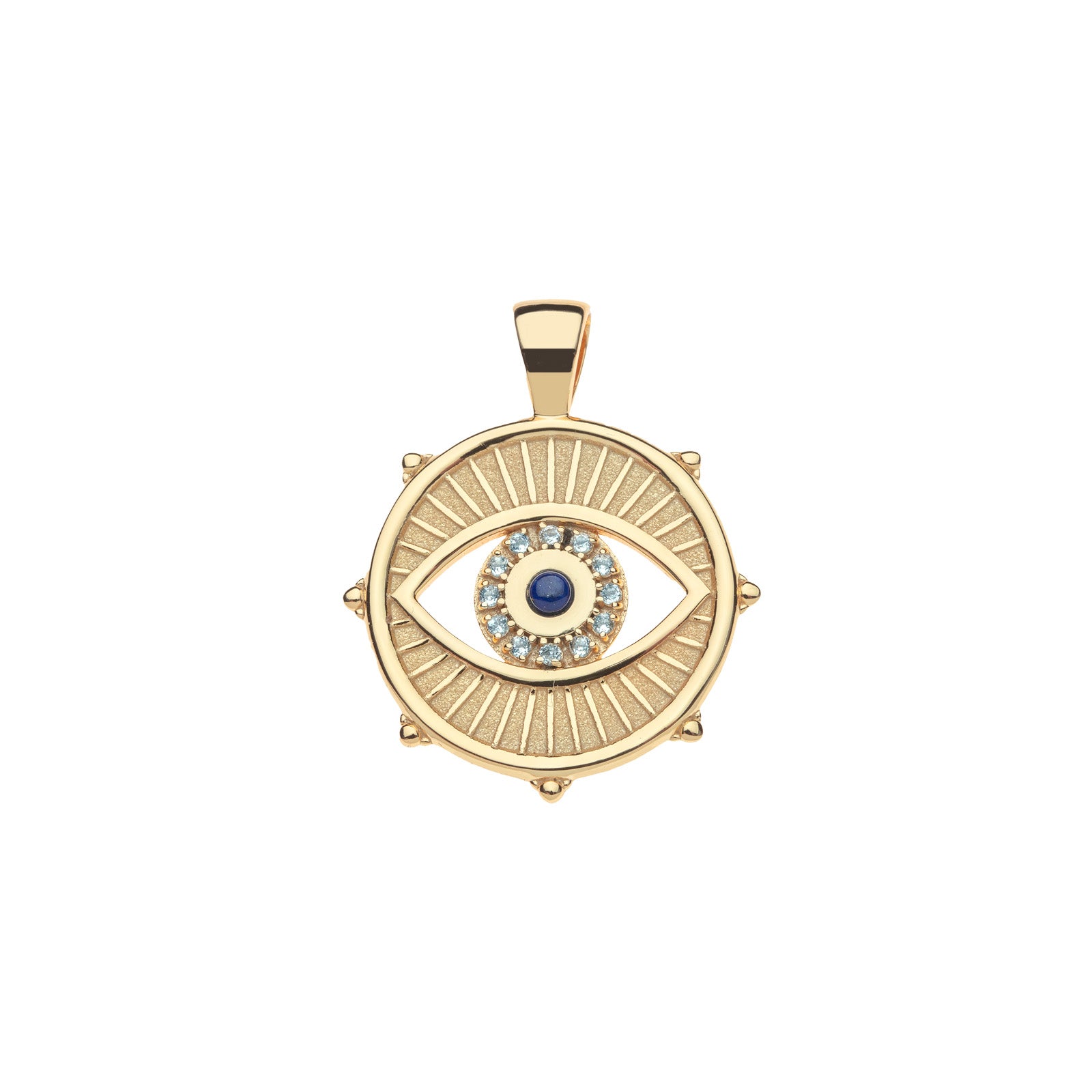 Gold coin pendant features cutout evil eye design. Center of evil eye features lapis stone with border of white topaz stones