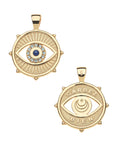 Front and back of protect with an open eye pendant. Back of pendant features moon and star logo and the phrase GARDEZ BIEN