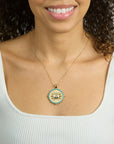 Model wearing the strong day break pendant on the classic rolo chain