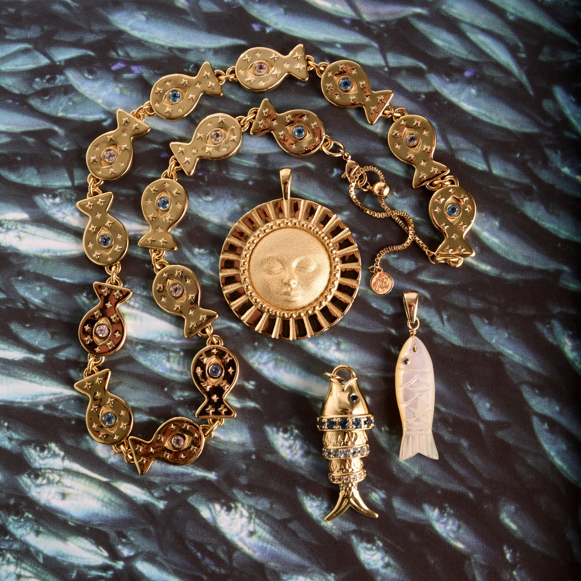 Stylized shot featuring the strong rainbow fish pendant, strong carved mother of pearl fish, strong enduring sun, and the strong pesce d'oro chain, all on a photograph of a school of fish