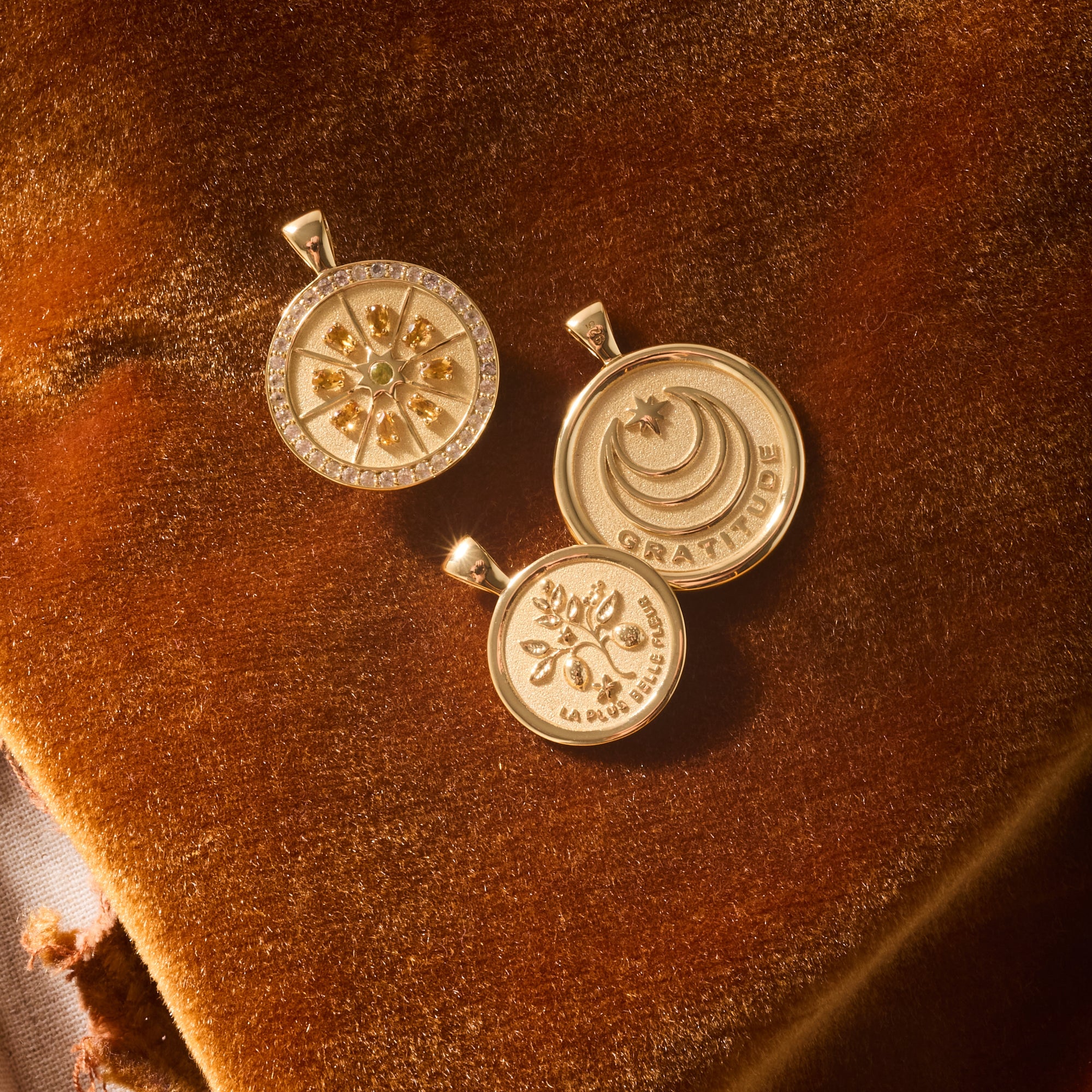 Stylized shot of the original gratitude coin, small gratitude coin, and the gratitude citrus slice embellished coin on an orange velvet background