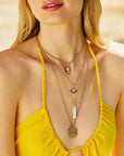 Model wearing various solid gold fish, a protect evil eye, and strong sun cutout