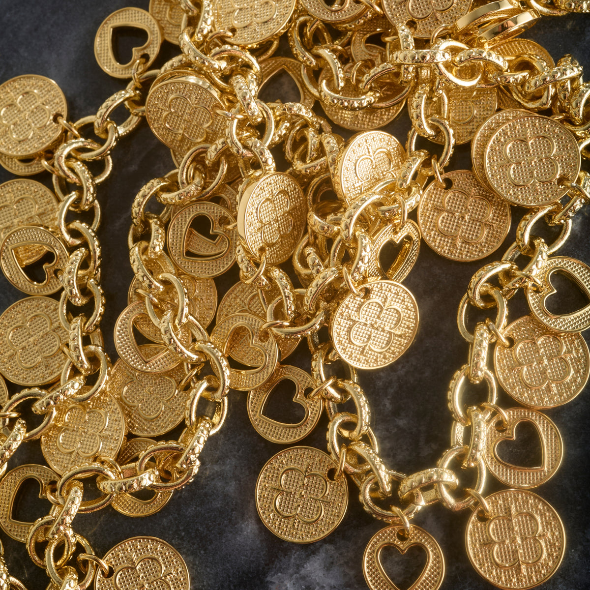 Stylized shot of the love amore coin necklace