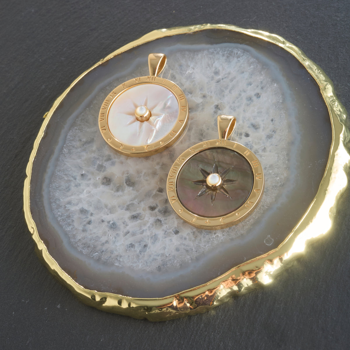 FOREVER Sundial Carved Black Mother of Pearl Pendant