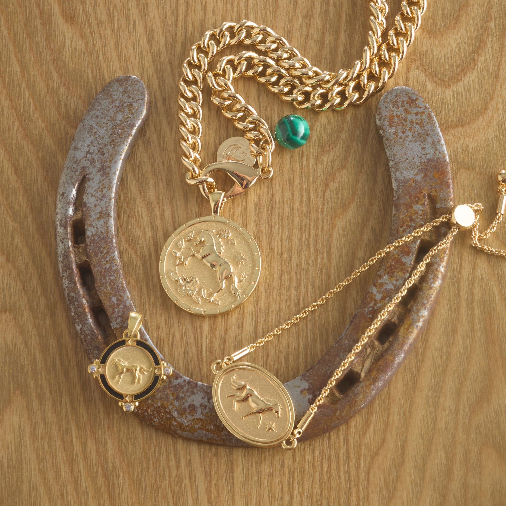 Stylized shot of the petite curb chain, courage year of the horse original, courage horse petite embellished, and courage year of the horse bracelet.