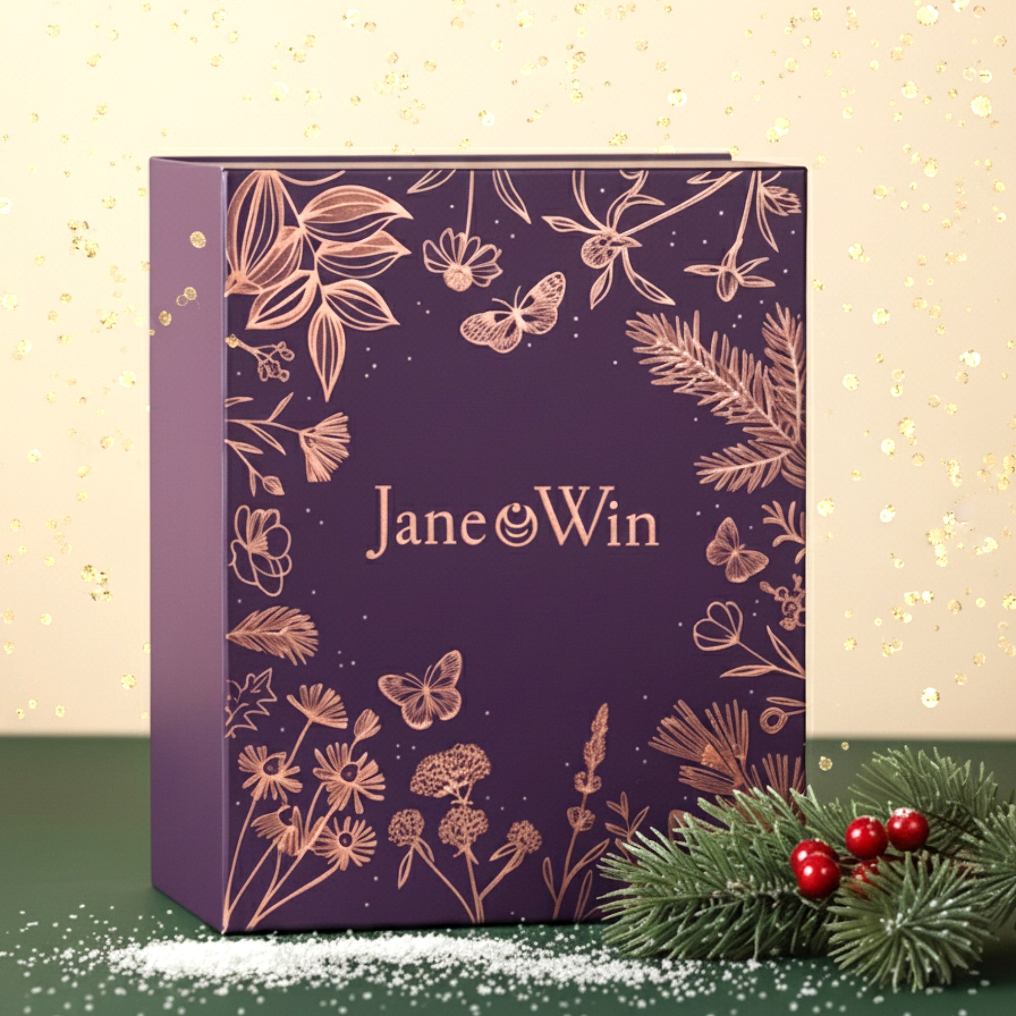 Purple box with floral design and 'Jane Win' branding on a festive background
