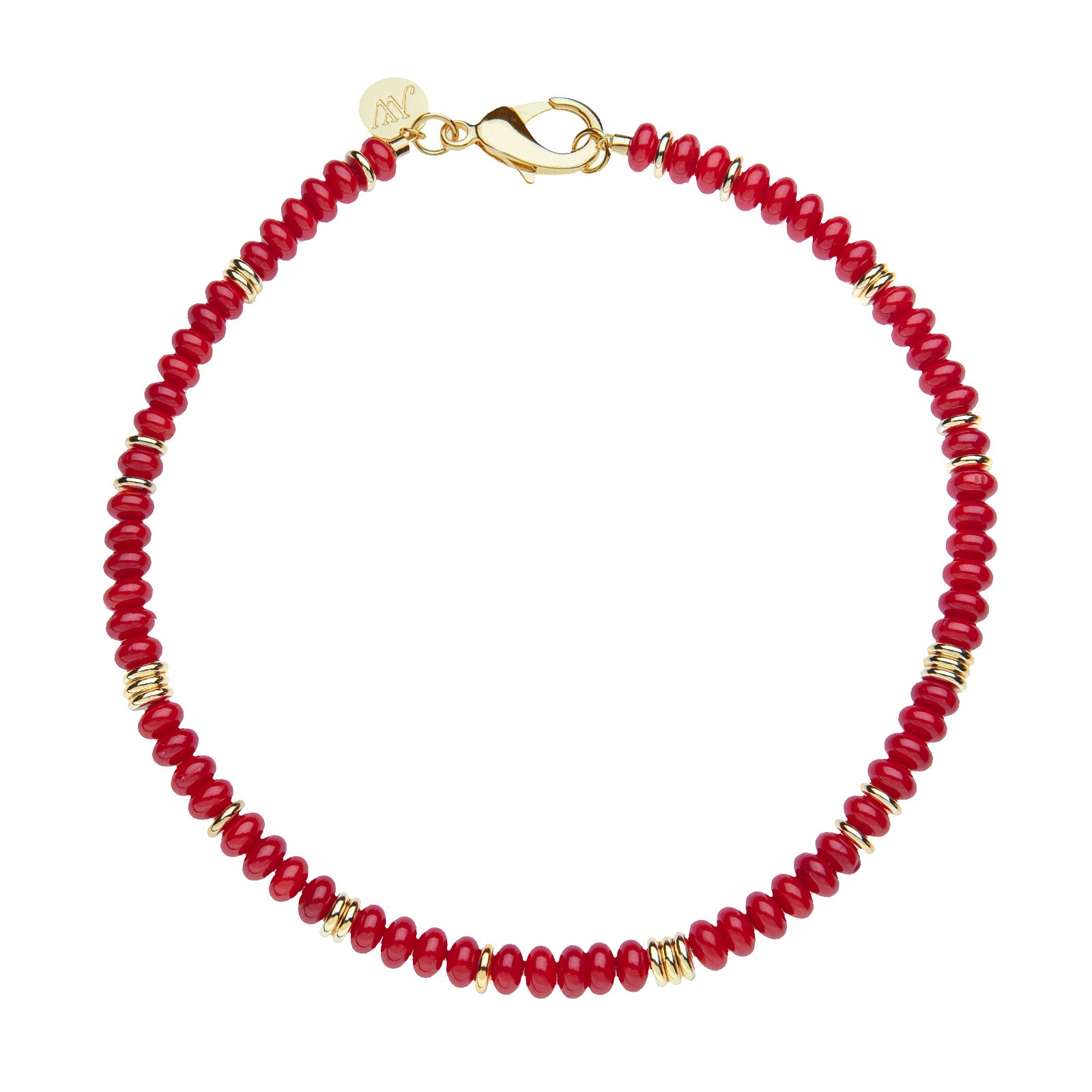 Red beaded necklace with flat gold beads interspersed. Features oversized gold lobster clasp