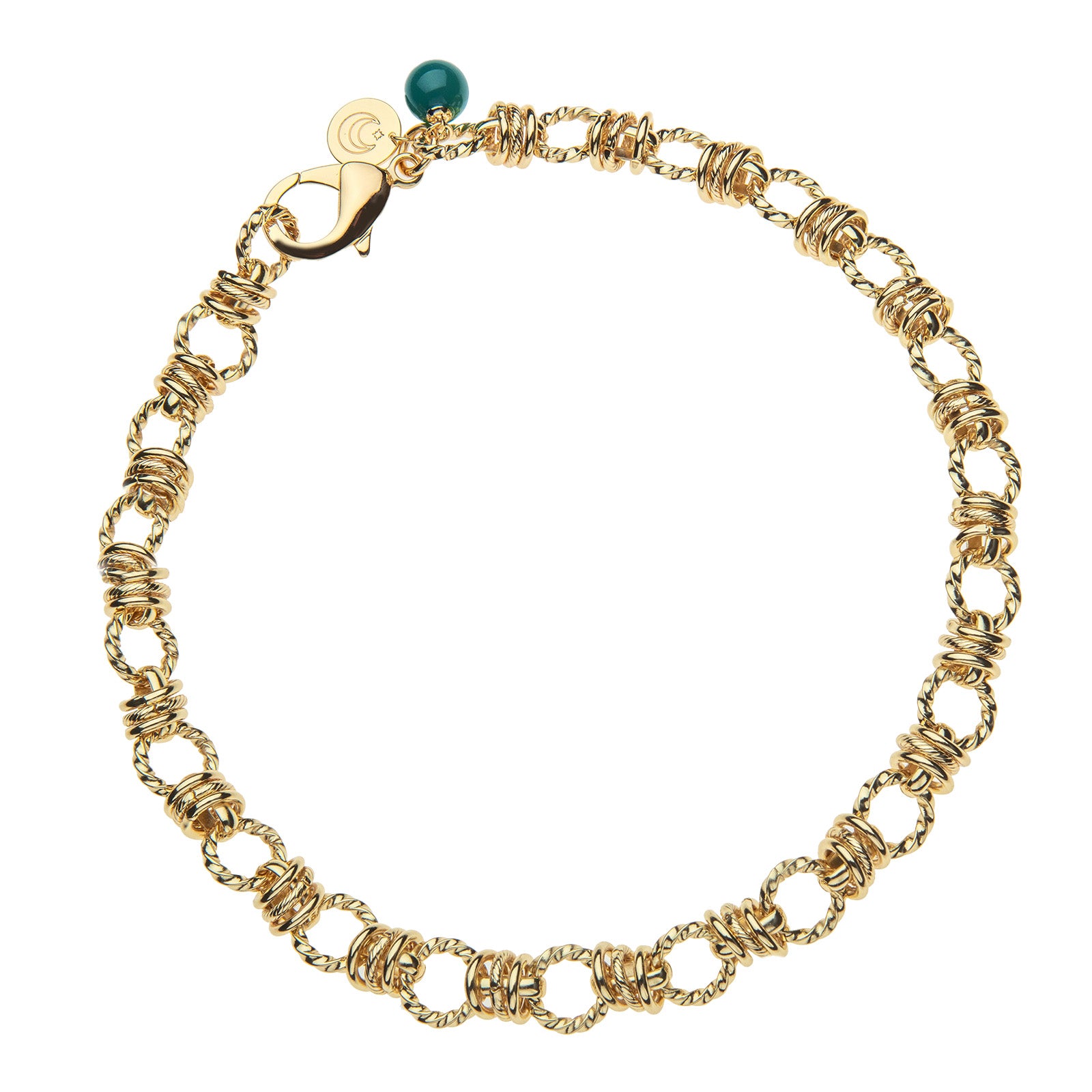 chunky gold chain featuring twisted links, oversized lobster clasp, and malachite bead detail