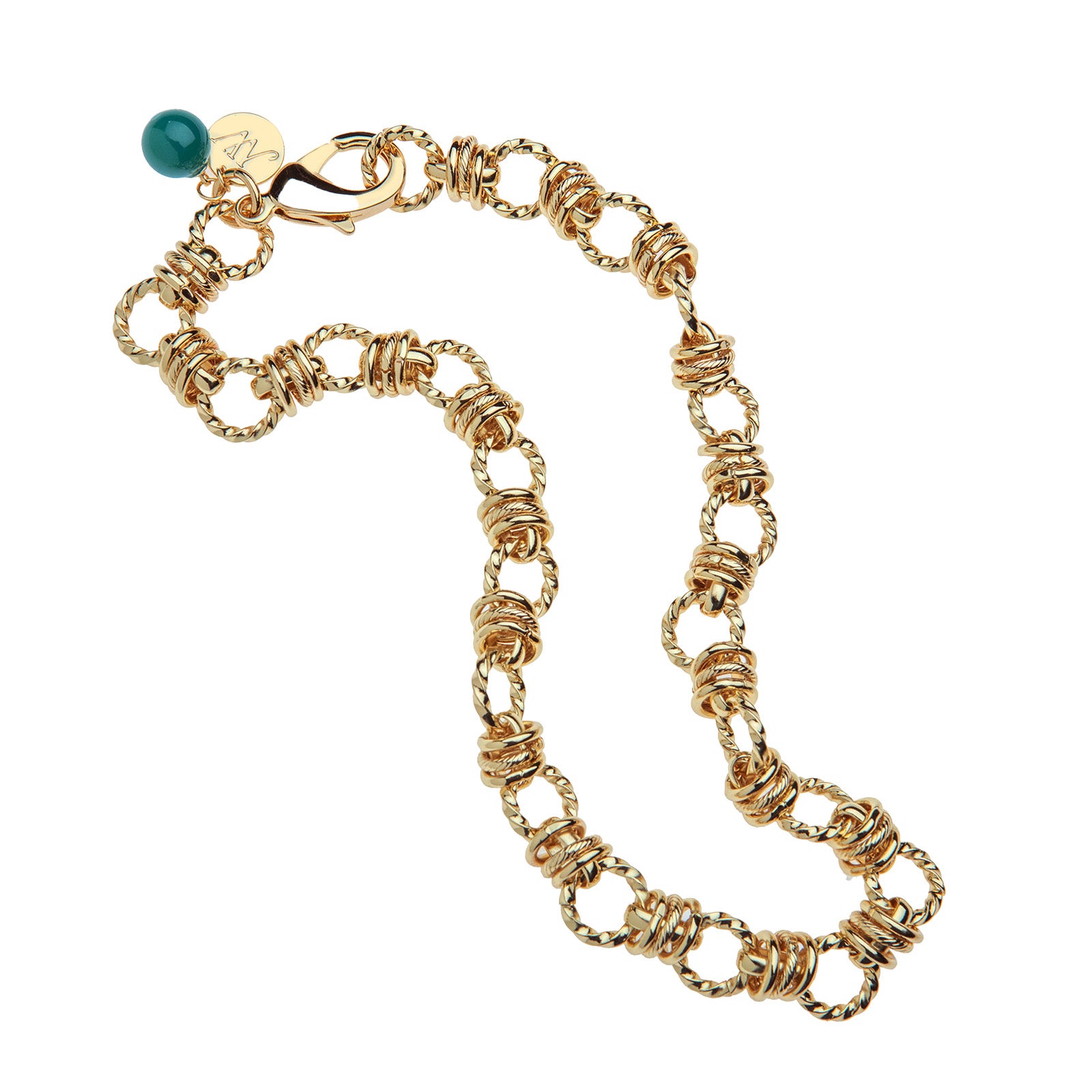 chunky gold chain featuring twisted links, oversized lobster clasp, and malachite bead detail