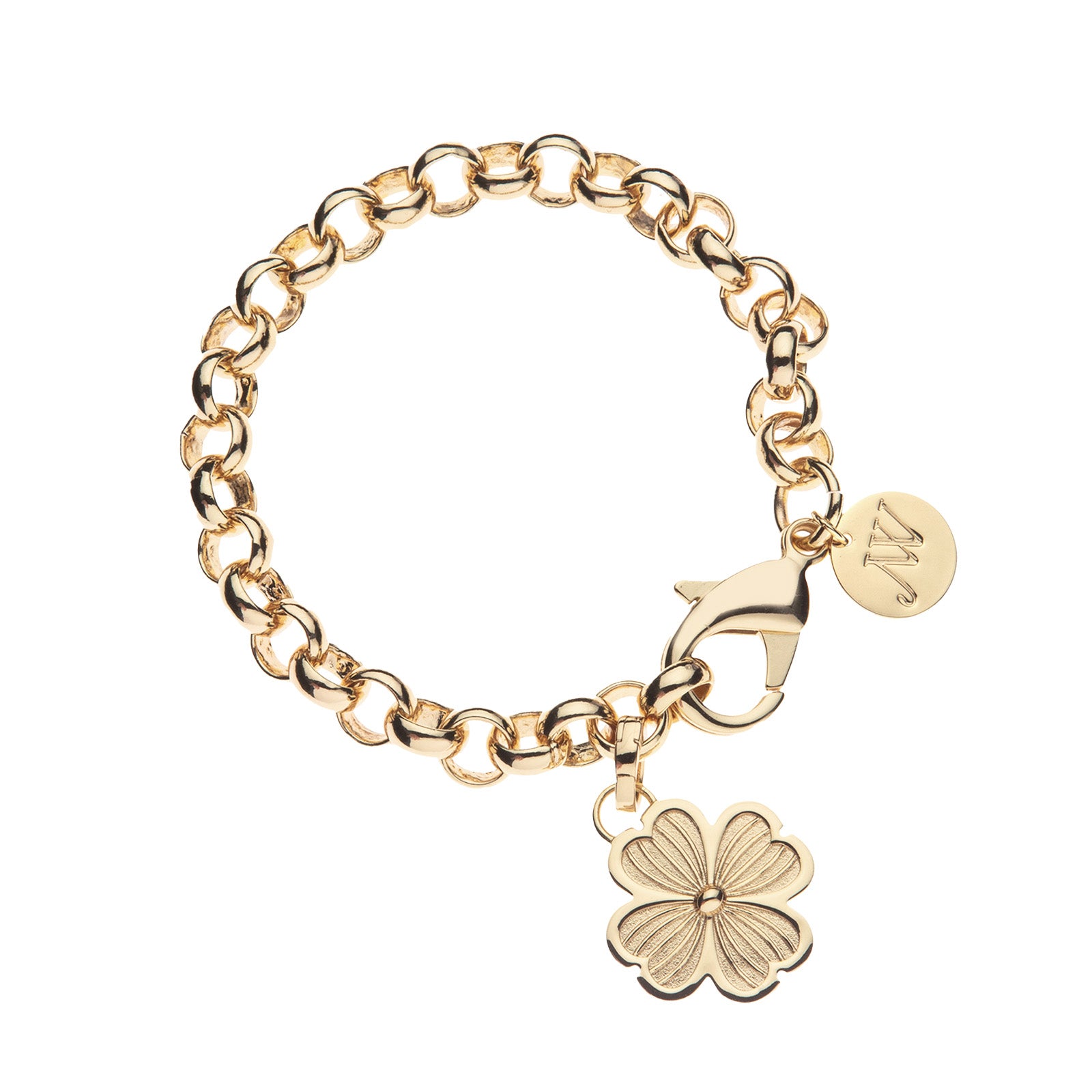 Gold chunky rolo chain bracelet with dogwood flower charm